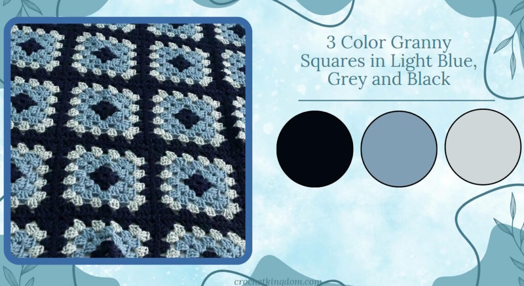 3 color granny square blanket ideas in light blue gray and black