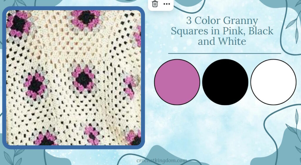 3 color granny square blanket ideas in pink, black and white