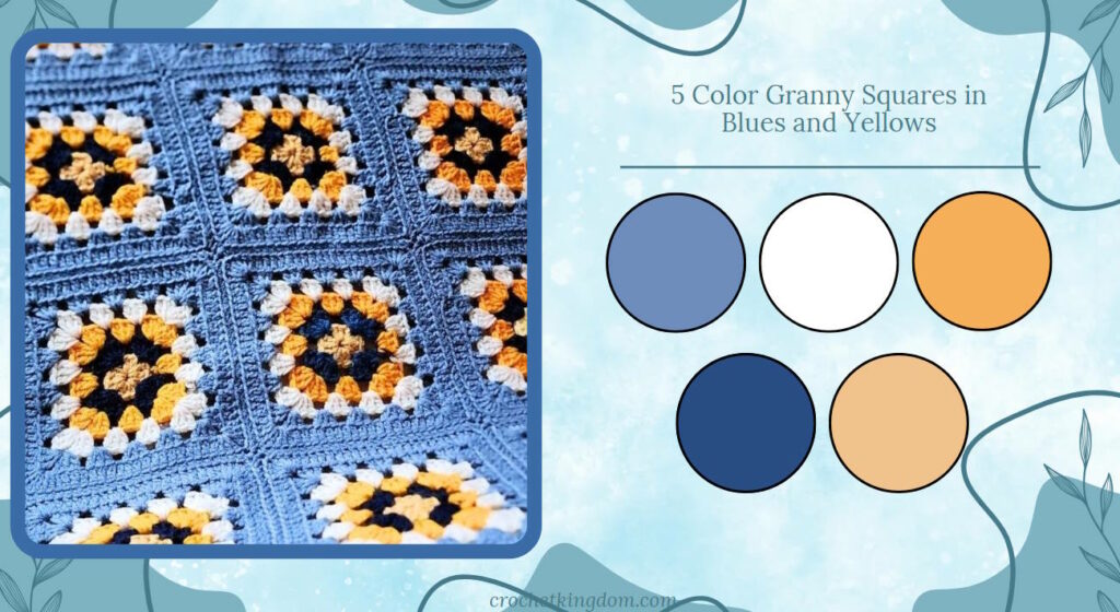 5 color granny square blanket ideas in blues and yellows