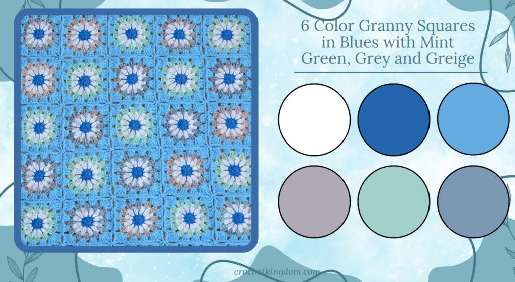 6 color granny square blanket ideas in blue, grey and mint