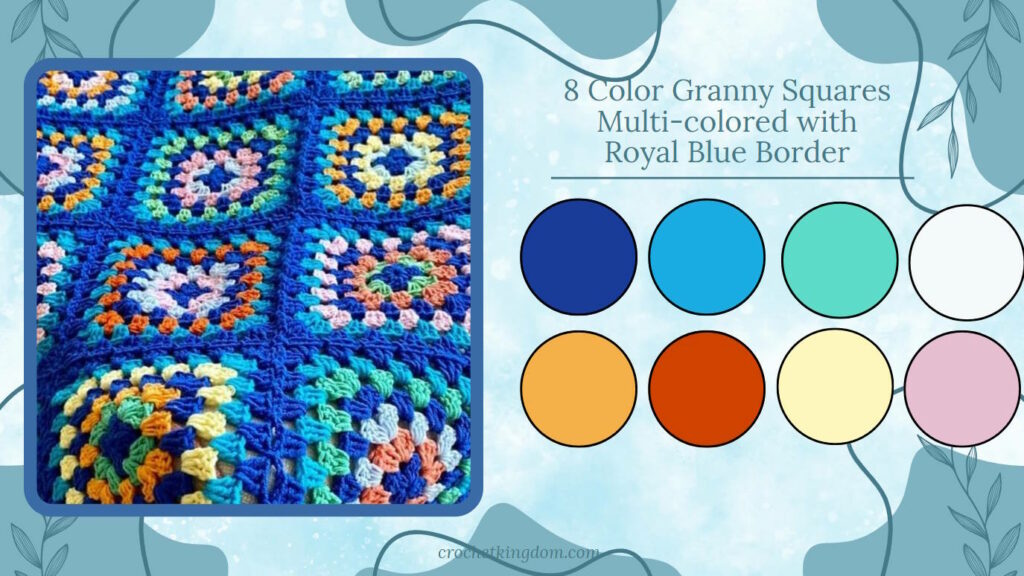 colorful granny square blanket with blue border